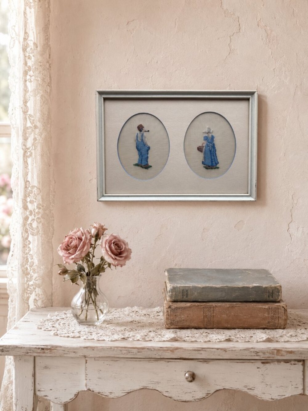 Vintage Framed Petit Point Dutch Couple Needlework Canada